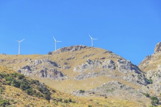 Wind turbines generating electricity, Kerames, Rethymno, Southern Crete, Crete, Greek Islands,