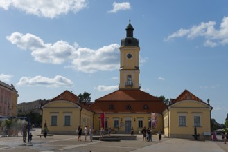 Historic building on a square with a tower and red roof under a blue sky, town hall, museum,