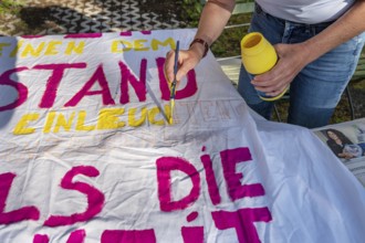 Preparation of banners for the democracy festival to mark 75 years of the Basic Law, Franconia,