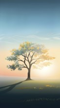 Abstract minimalist spring scene with a single, sharp silhouette of a blooming tree on a vast light