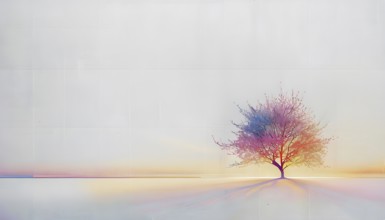 Abstract minimalist spring scene with a single, sharp silhouette of a blooming tree on a vast light