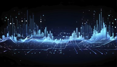 Abstract illustration of digital wave forms and circuits converging to form abstract symbols of