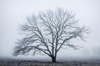 Bare tree covered in frost, isolated against a foggy, white winter landscape, AI generated