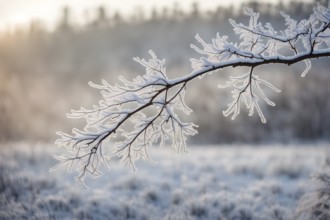 Bare tree branch covered in frost, isolated against a foggy, white winter landscape, AI generated