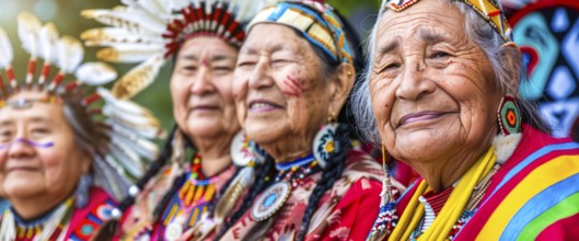 Smiling native indigenous people of Canada dressed in colorful native clothes, AI generated