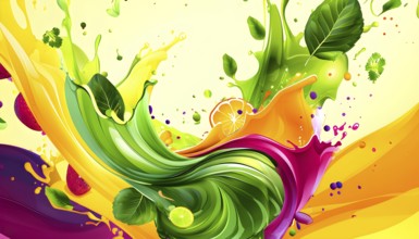 Vibrant smoothie blending abstract shapes and colors, where layers of fruits and greens swirl