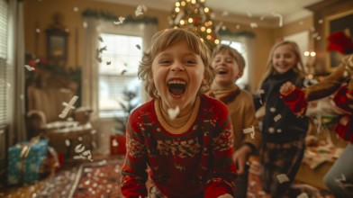 Happy children laughing together on christmas morning amongst the confetti and wrapping paper they