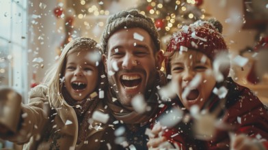 Young happy family laughing together on christmas morning amongst the confetti and wrapping paper