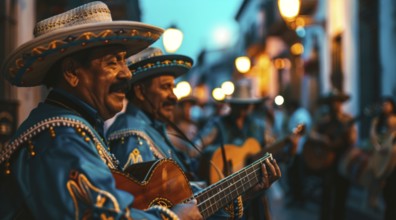 Mariachi Mexican musician band play during festive event on Mexican street in traditional costume.,