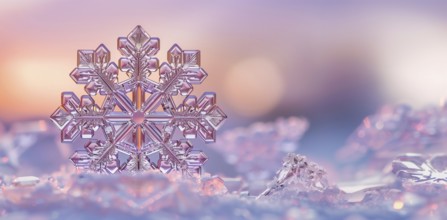 Beautiful natural snowflake close-up in A snowy winter scene banner. generative AI., AI generated