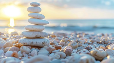 Stacked Zen stones on an ocean beach. Concept if spirituality, harmony and relaxation, AI generated