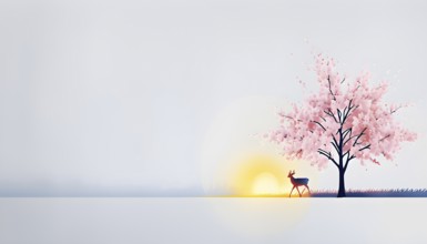 Abstract minimalist spring scene with a single, sharp silhouette of a deer and of a blooming tree,