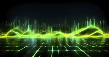 Glowing digital wave forms fluctuating in sync with a pulsating grid background, representing the