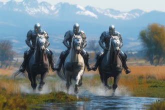 Cyborg soldiers in full battle armor riding white horses in water, AI generated