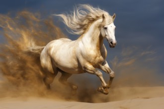 White horse with flamboyant mane galloping in sand, AI generated