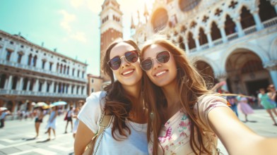 Attractive young smiling happy tourist ladies take selfie in Venice. San Marco Square on vacation.,