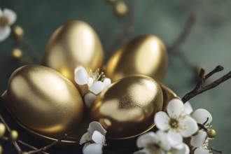 Golden painted Easter eggs with small white spring flowers. Generative AI, AI generated