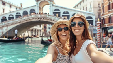 Attractive young smiling happy tourist ladies take selfie in Venice in gondola near Rialto Bridge.,