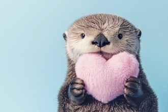 Cute sea otter holding plush heart in front of blue bakcground with copy space. Generative AI, AI