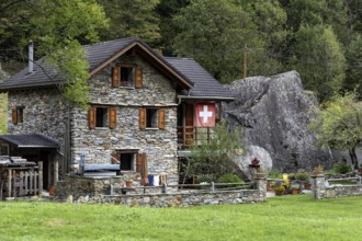 Typical Ticino stone houses in the village of Sonogno, Verzasca Valley, Valle Verzasca, Canton