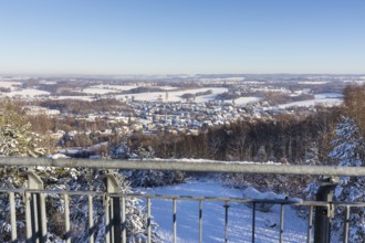 View from the Glückauf Tower of snow-covered Oelsnitz in the Ore Mountains, Saxony, Germany, Europe