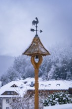 Weather vane in the foreground with snow-covered hills and house in the background, Enzklösterle,