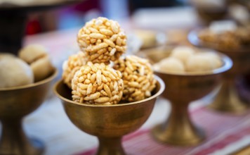 Assamese traditional food displayed at a stall to sell during Magh Bihu or Bhogali Bihu festival.