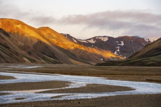 Rhyolite mountains and river Jökulgilskvísl, Landscape at Landmannalaugar, Dramatic volcanic