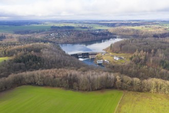 Kriebstein Dam with dam wall and hydroelectric power plant power station, Zschopau Valley, Saxony,