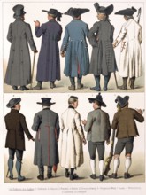 Traditional costumes in Germany around 1820, back of the men's skirt, men in historical garb with