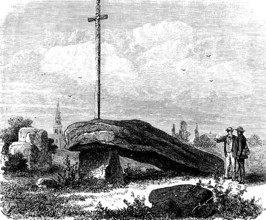 Half dolmen or demi dolmen at Kerland, Brittany, wooden cross, rock, church tower, two men,