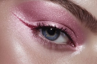 Close up of woman's blue eye with romantic pink makeup with glitter. Generative AI, AI generated