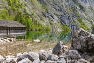 Boathouse on the Obersee, rock face, Berchtesgadener Land, Bavaria, Germany, Europe