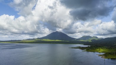 Aerial view, Arenal Volcano at Lago Arenal, Puntarenas, Costa Rica, Central America