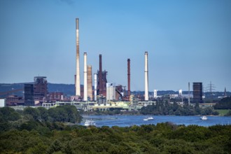 View across the Rhine to the Thyssenkrupp Steel steelworks in Duisburg-Beeckerwerth, blast