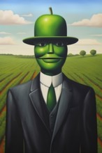 Surrealist representation of a man with green top hat in the form of an apple, AI generated