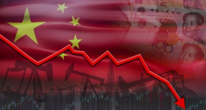 Oil crisis with the flag of China on the economic graph. Oil crisis concept with china flag