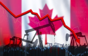 Oil crisis with Canada flag on economic graph. Oil production crisis with Canadian flag