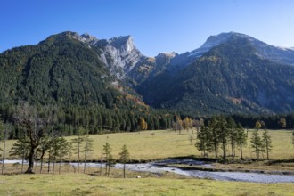 Mountain peaks Sonnjoch and Schaufelspitze, Großer Ahornboden in autumn, Rißtal in the Eng, Tyrol,