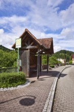 Bus stop Nordrach Rathaus, bus shelter, hilly landscape, coniferous forest, trees, street in the