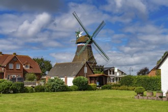 Engelmühle windmill in Süderhafen, Nordstrand peninsula, North Friesland district,