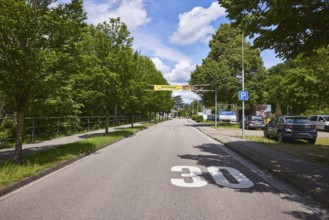 Footpath, cycle path, trees, car park, Bahnhofstraße, Wolfach, Black Forest, Ortenaukreis,