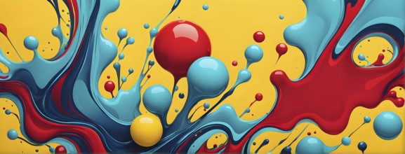 Abstract image with vibrant blue and red blobs and liquid shapes on a yellow background, AI