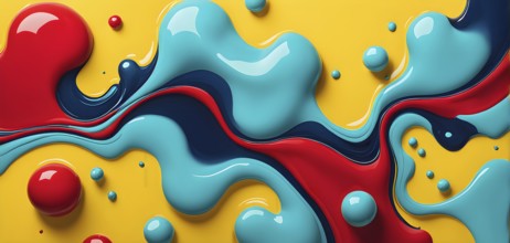 Abstract image with vibrant blue and red blobs and liquid shapes on a yellow background, AI