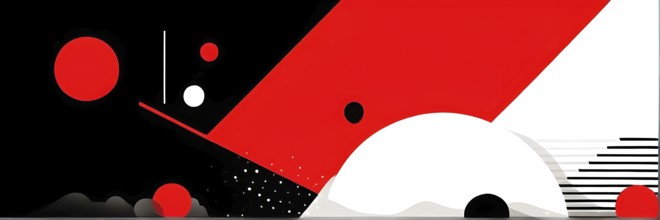 Minimalist illustration featuring abstract geometric shapes with red color accent symbolizing fun