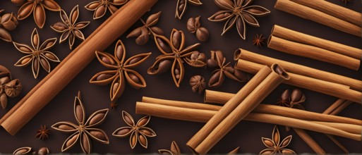 Abstract wallpaper illustration of Christmas spices like cinnamon sticks, star anise, and cloves,