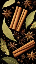 Abstract wallpaper illustration of Christmas spices like cinnamon sticks, star anise, and cloves,