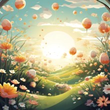 Surreal Easter scene with floating eggs, ribbons, and flowers in a dreamlike, whimsical composition