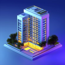 Three dimensional rendering of an illuminated modern high-rise office building, AI generated