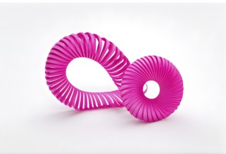 Three dimensional render of pink spiral ribbon against white background, AI generated